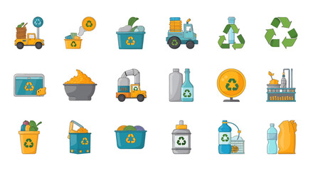 Vector Icons Set of Vibrant cartoonstyle icon collection for recycling waste management and ecology concepts. EPS Editable