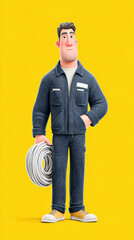 Worker, A cartoon technician replaces a cable in a 3D illustration, showcasing a blend of technology and creativity.