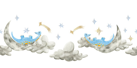Blue baby dinosaur lying on moon, clouds, stars. Seamless border Isolated on white background. Banner of sleeping diplodoc for design children's room, cards, scrapbook, baby shower.