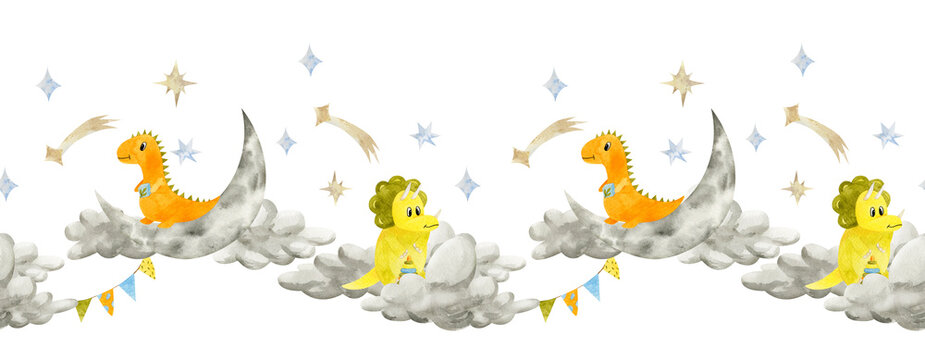 Cute baby dinosaurs sitting on moon and clouds. Seamless border Isolated on white background. Background of Tyrannosaurus rex and  Triceratops for design children's room, baby shower cards.