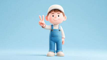 Worker, A cartoon technician character showing a peace sign in 3D style, ideal for creative projects and stock image use.