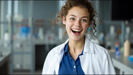 Joyful Scientist at Work: A smiling scientist, beaming with enthusiasm, stands in a modern laboratory. Capturing the essence of scientific curiosity and the excitement of discovery.