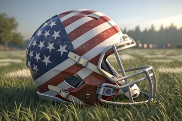 American Flag Football Helmet on Grassy Field sports