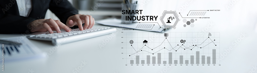 Poster smart industry dashboard combining automation, robotics, cloud integration, cybersecurity, and data 