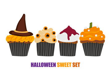 A fun and spooky Halloween cupcake set decorated with ghosts, pumpkins, bats, spiders, and candies. Cute vector illustrations perfect for Halloween parties, bakery menus, and seasonal promotions.