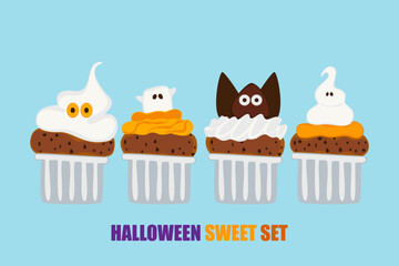 A fun and spooky Halloween cupcake set decorated with ghosts, pumpkins, bats, spiders, and candies. Cute vector illustrations perfect for Halloween parties, bakery menus, and seasonal promotions.