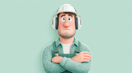 Worker, A cartoon technician wearing ear protection, ideal for industry or safety-related designs.