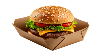 Delicious cheeseburger with lettuce and tomato in takeout box