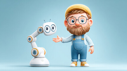 Worker, A technician cartoon working on a robotics arm, showcasing creativity in high-tech innovation.