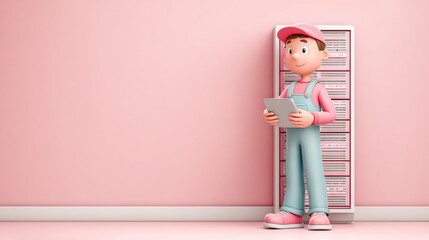 Worker, A technician cartoon working on a server rack, representing tech maintenance and IT support in a vibrant style.