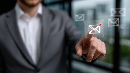 Obraz premium Businessman Using Digital Interface to Check Emails, Modern Office Setting
