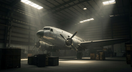 Fototapeta premium Vintage Propeller Plane in Hangar A Nostalgic Aviation Scene