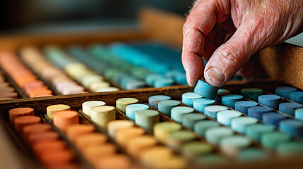 Artist hand selecting a blue pastel stick from a wooden case filled with colorful art supplies pastel sticks