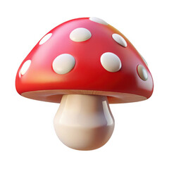 3d cartoon mushroom with red cap and white spots isolated on transparent background