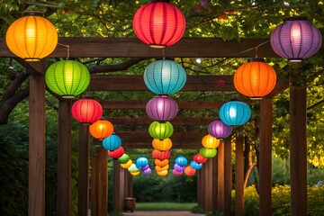 Fototapeta premium Colorful paper lanterns hanging from wooden pergola in garden