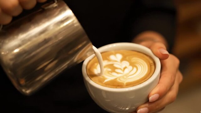 Latte art: pouring milk into a coffee cup
