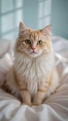 Dreamy Portrait of Fluffy Cream Tabby Cat on Pink Bed with Soft Natural Light and Pastel Background