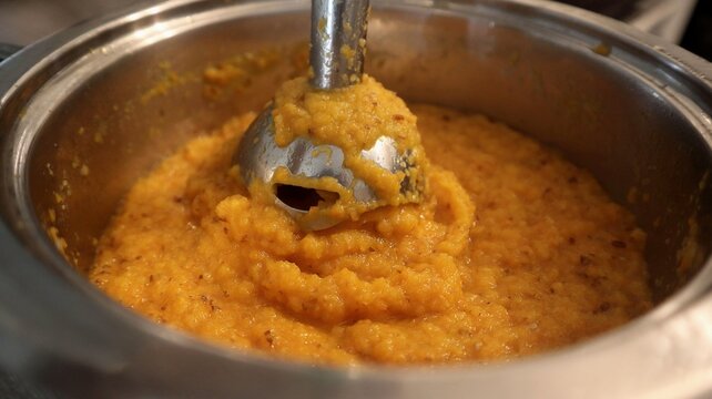 Freshly cooked vegetable puree is being blended with an immersion hand blender. The thick texture and vibrant color highlight a cozy home-cooking atmosphere.