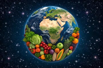 Fototapeta premium Earth surrounded by fresh fruits and vegetables in starry space