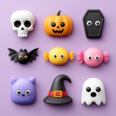 Fototapeta premium Cute Halloween-themed candy and decorations in vibrant colors on a pink background