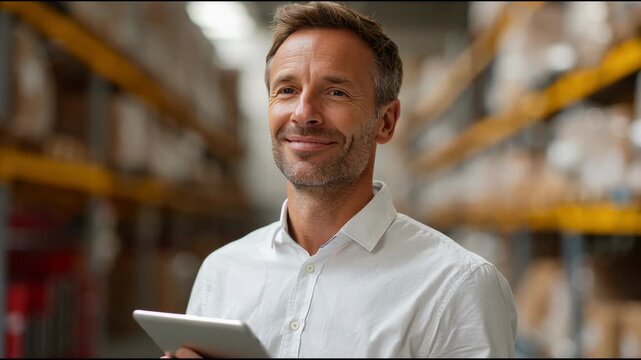 Warehouse Manager Portrait: A focused warehouse manager exudes competence, holding a tablet amidst rows of storage shelves, capturing the essence of logistical expertise.