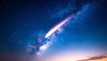 Milky Way galaxy stretches across a star-studded night sky.  Sunset hues paint the horizon