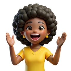 3d cheerful black woman with afro isolated on transparent background