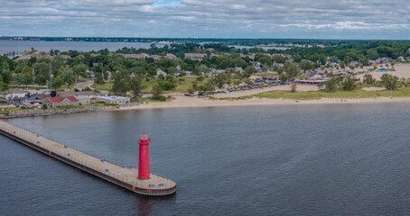 Aerial View of the Muskegon South Pier head Lighthouse and Lake Michigan Shoreline Muskegon, Michigan, USA