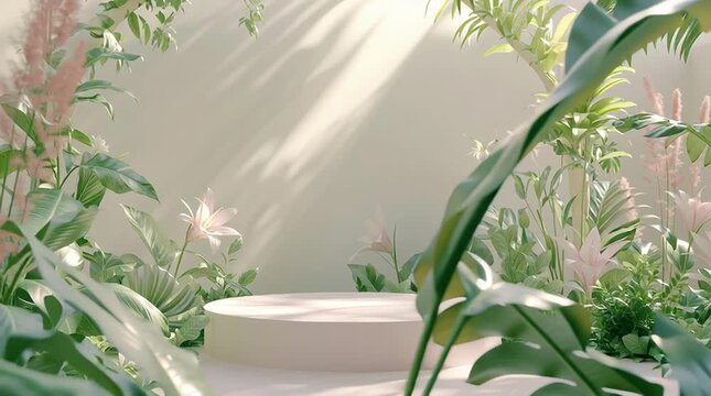 Tropical-themed minimalist podium with exotic leaves and an arched backdrop	
