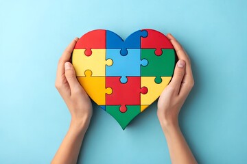 Hands holding colorful heart shaped puzzle pieces autism awareness