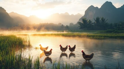 sunrise over rice fields with misty mountains and soft golden light illuminating chickens roaming near pond