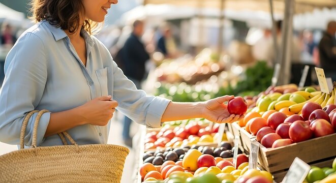Woman Shopping for Fresh Produce at an Outdoor Market