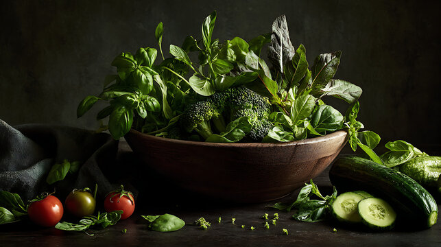 Fresh Green Vegetables And Tomatoes In A Wooden Bowl basil - Powered by Adobe