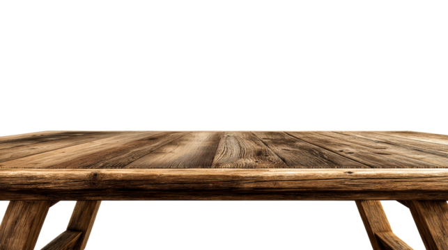 Wooden table with textured surface on a transparent background
