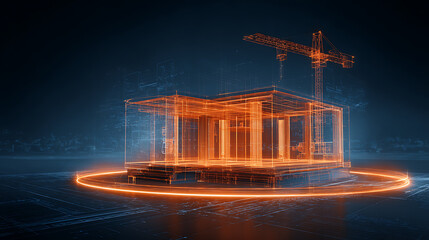 Futuristic architectural blueprint of building construction with glowing orange lines and a crane
