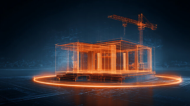 Futuristic architectural blueprint of building construction with glowing orange lines and a crane - Powered by Adobe