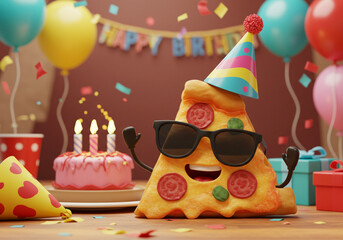 Pizza slice in sunglasses celebrating birthday