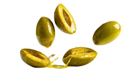 Green olives bursting with flavor on a transparent background