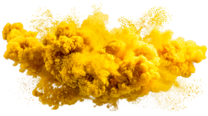 Bright yellow powder explosion against transparent background