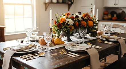 A thanksgiving table setting with floral centerpiece and pumpkins in a bright and airy dining room ai generated