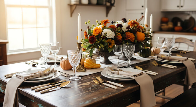 A thanksgiving table setting with floral centerpiece and pumpkins in a bright and airy dining room ai generated