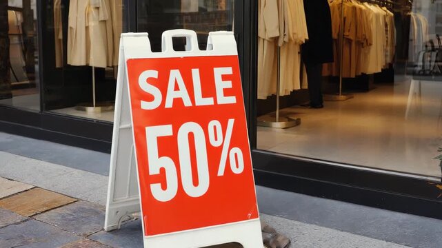 Outdoor A-frame sign near store front advertises "SALE 50%" on its orange surface.