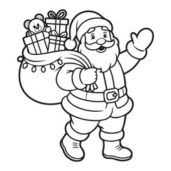 Cute Santa Claus with Gift Bag Line Art