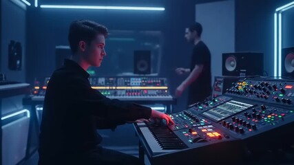 Person working on a professional audio mixing console in a recording .