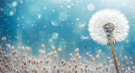 Obraz premium Whispers of Spring: Ethereal Dandelion Seeds in Motion