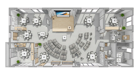 Overhead view of a large conference room with tables, chairs, and a presentation stage area ai generated