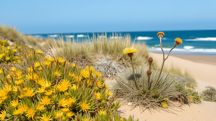 A coastal scene featuring salt-tolerant Australian flora like spinifex and coastal banksia growing near sandy dunes