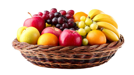 Colorful fruit basket filled with fresh apples, grapes, and bananas