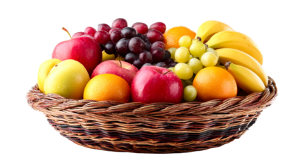 Colorful fruit basket filled with fresh apples, grapes, and bananas