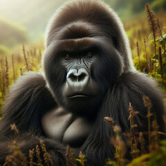 Naklejka premium Majestic Silverback Gorilla Sitting in a Lush Green Forest
